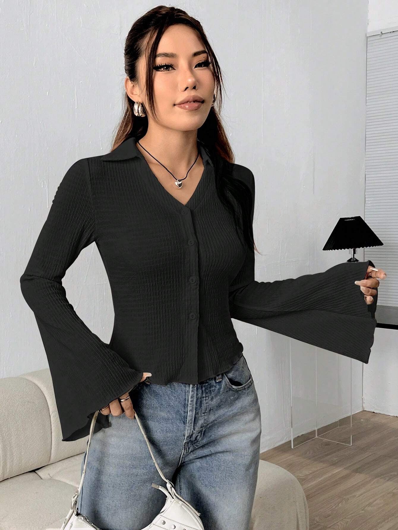 Shoulder Bell Sleeve Solid Color Long-sleeved Top