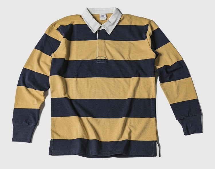 Men's Polo Collar Stripes T-shirt Retro Long Sleeve