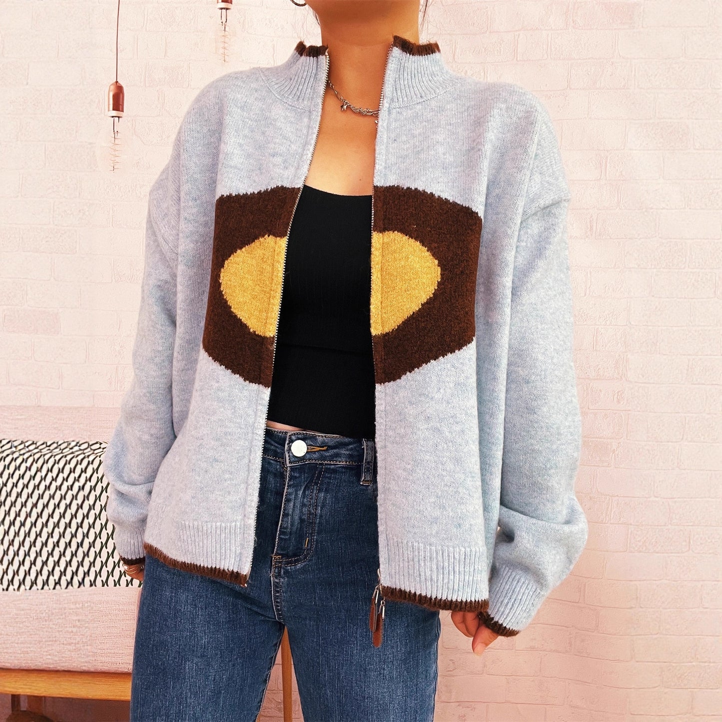 Casual Ring Jacquard Knitted Coat Round Neck Long Sleeve Zipper