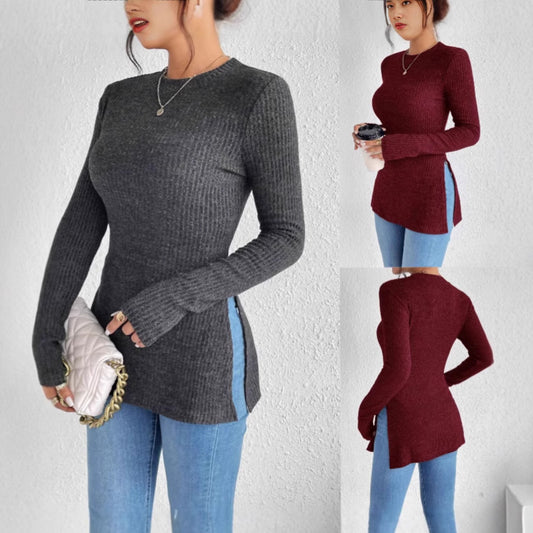 Slim-fit Sunken Stripe Brushed Round Neck Hem Rib Knitted T-shirt