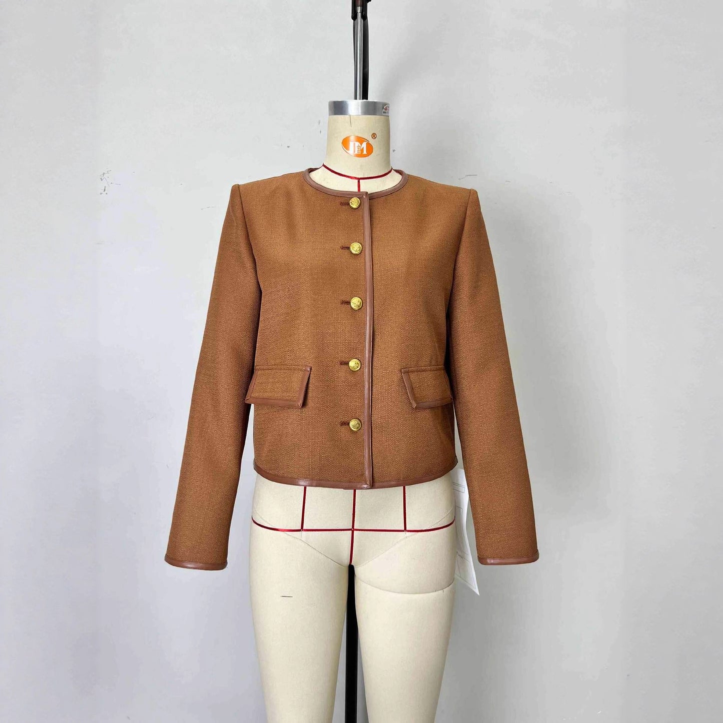 Fashion Round Neck Metal Button Design Short Coat