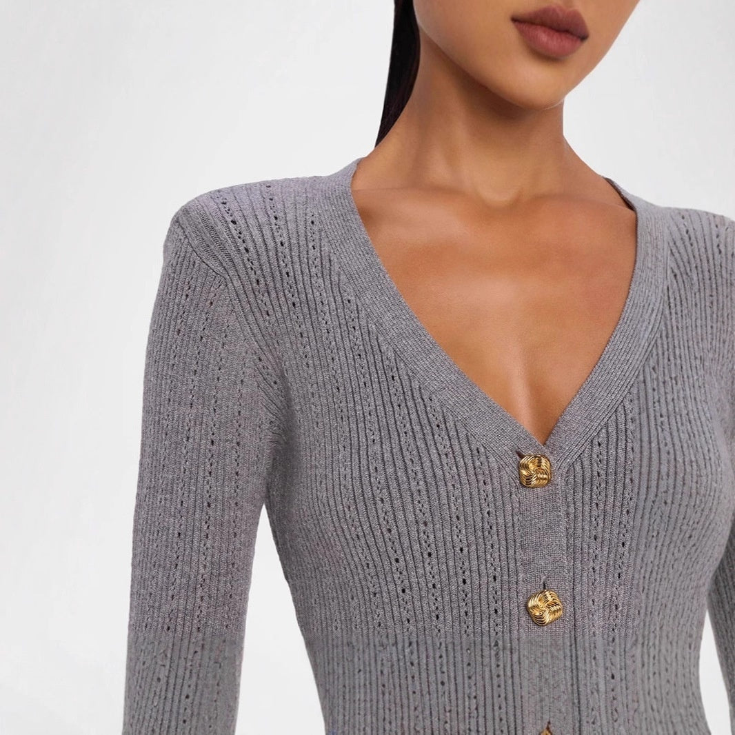 Button Ruffled Bell Sleeve Slim Fit Waist-controlled Slimming Top