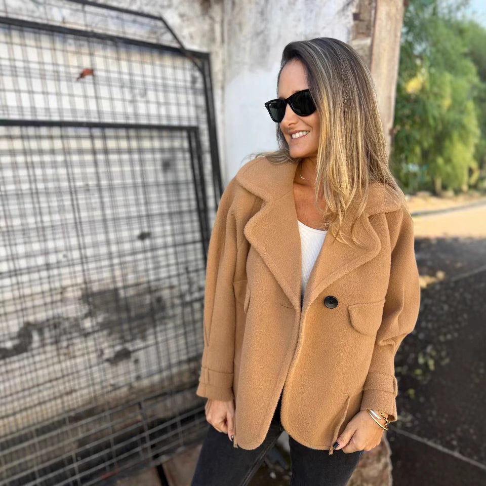 Women's Solid Color Casual Woolen Lapel Button Faux Pocket Coat