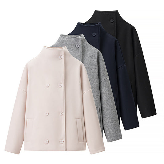 Short Stand Collar Breasted Woolen Coat