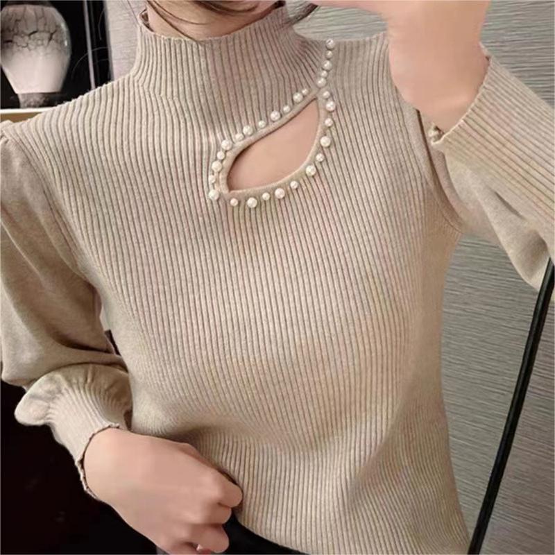 Beaded Half Turtleneck Puff Sleeve Long Sleeve Bottoming Shirt