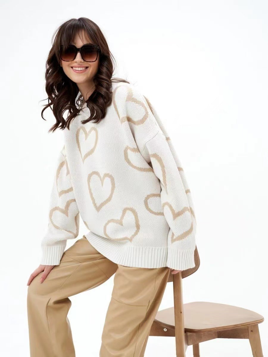 Round Neck Love Contrast Color Loose Pullover Sweater