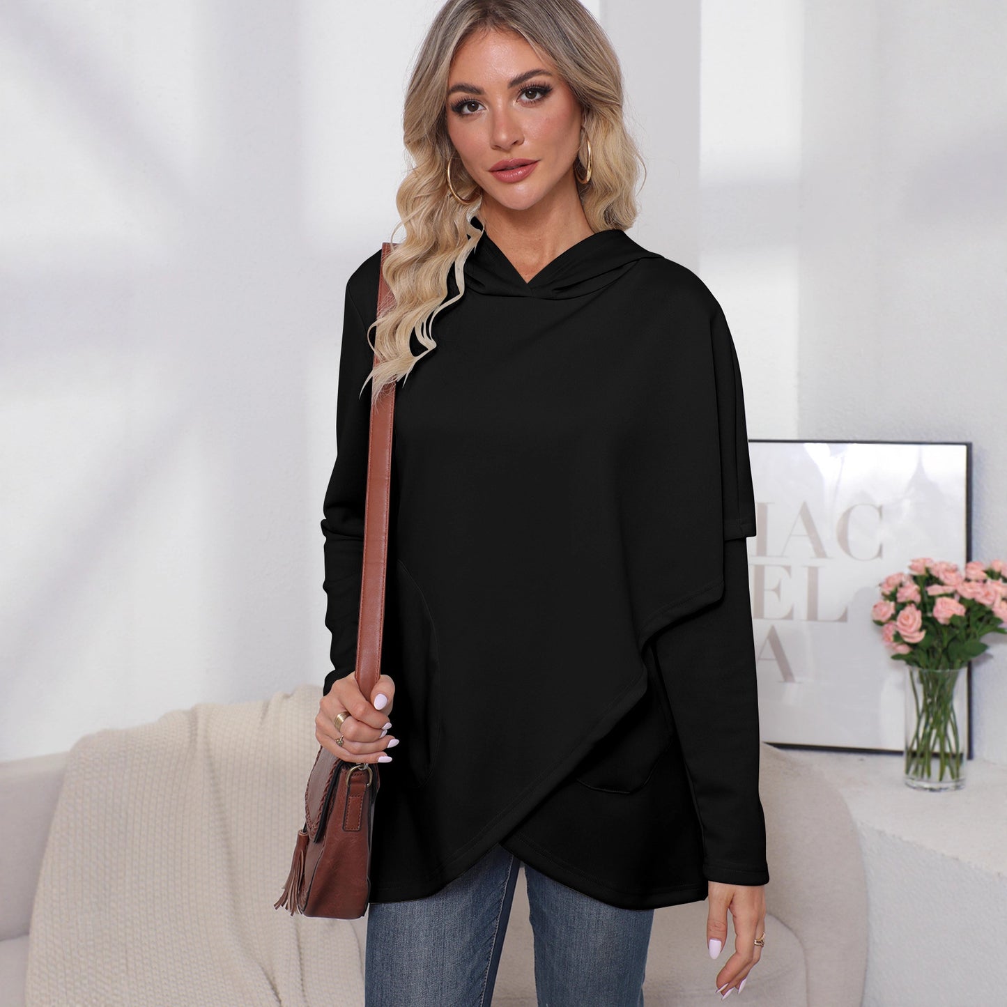 Long Sleeve Irregular Solid Color Hoodie Women