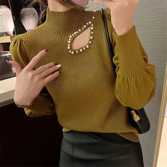 Beaded Half Turtleneck Puff Sleeve Long Sleeve Bottoming Shirt