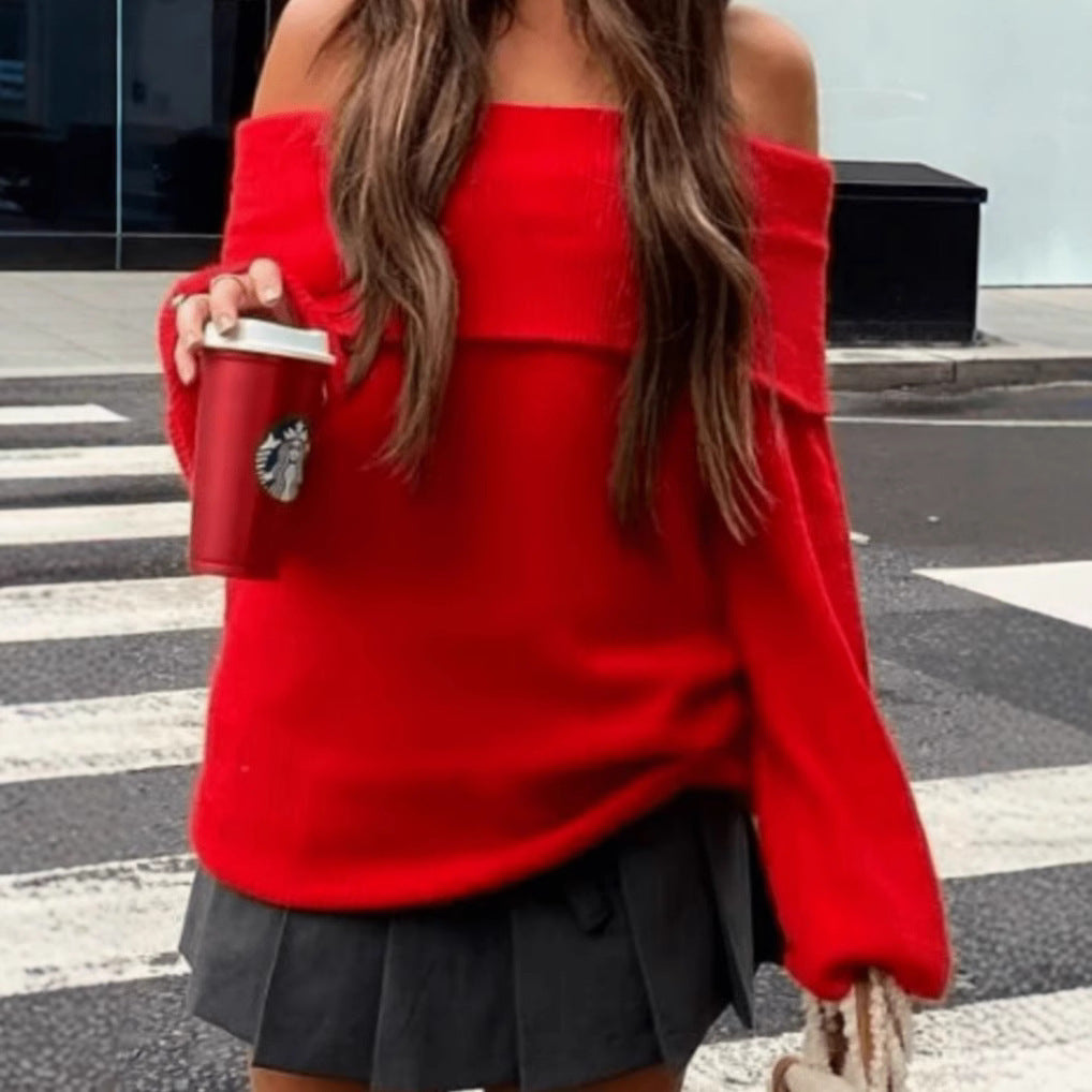 Women's Winter Clothing Off-shoulder Slim-fit Solid Color Sweater