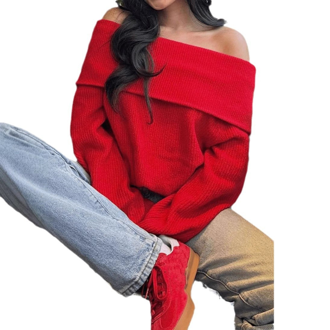 Women's Winter Clothing Off-shoulder Slim-fit Solid Color Sweater