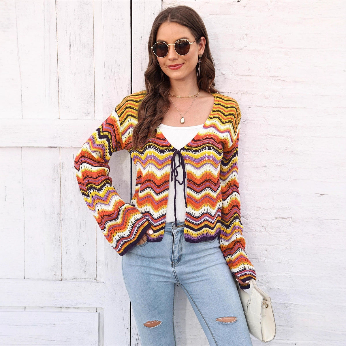 Knitted Shirt Rainbow Color Wave Pattern Christmas Sweater