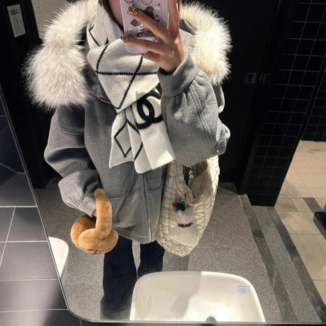 American Retro Fur Collar Hooded Cardigan Sweater Women