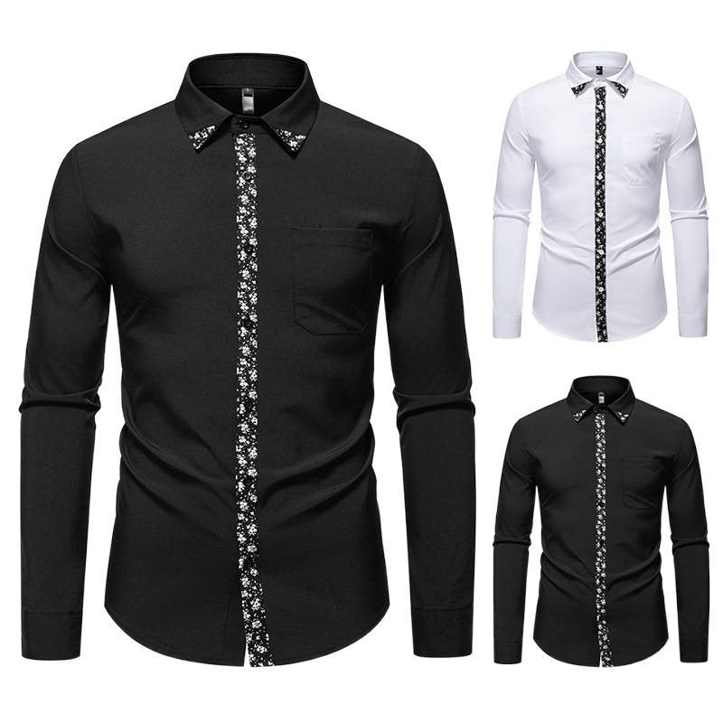 Men's Color Block Design Casual Long Sleeve Solid Color Shirt