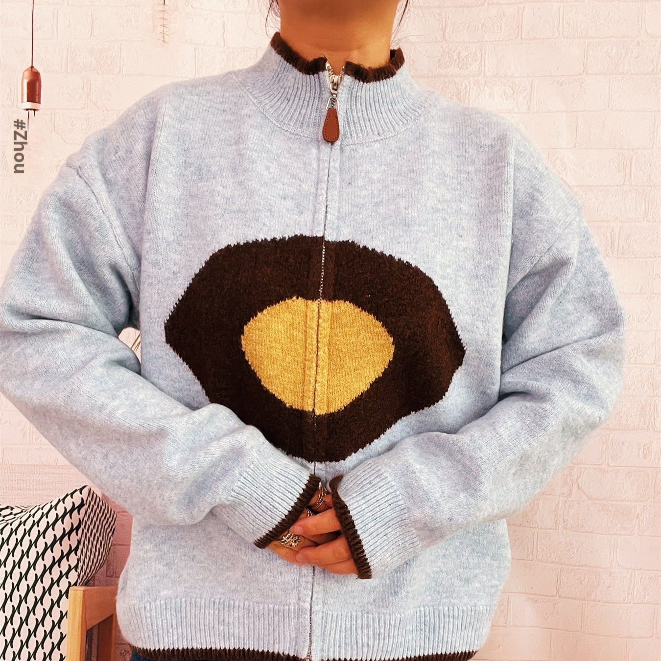 Casual Ring Jacquard Knitted Coat Round Neck Long Sleeve Zipper
