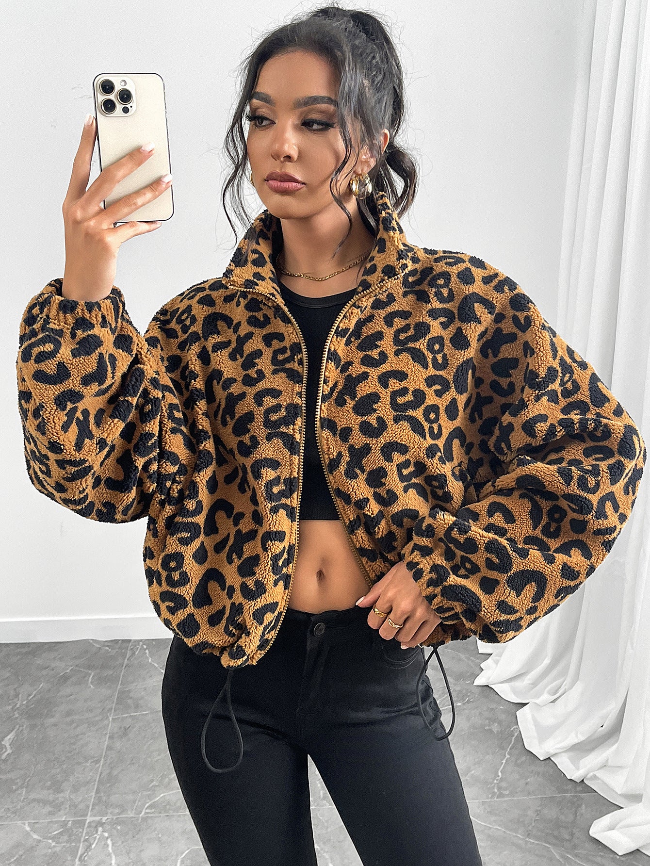 Women's Loose Cardigan Zipper Leopard Print Plush Coat