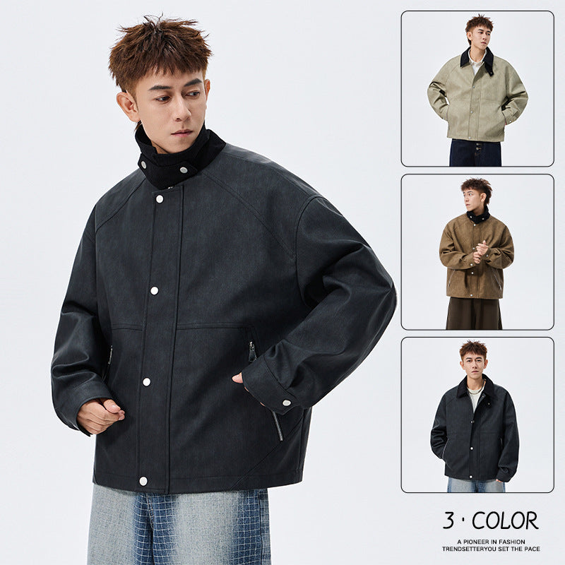 Large Size Men's PU Leather Coat Polo Collar Jacket