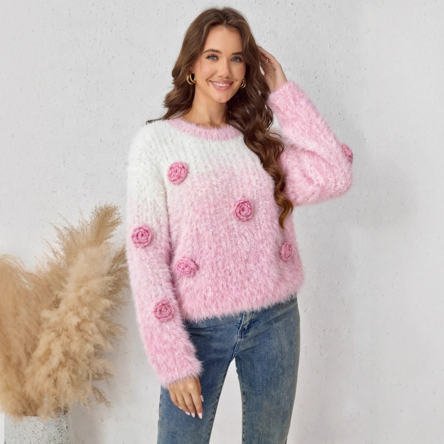 Round Neck Loose Three-dimensional Flower Gradient Sweater