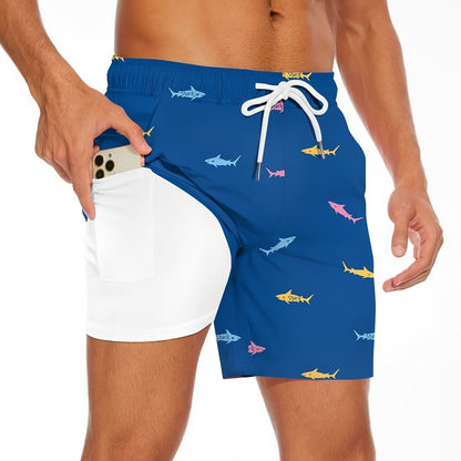 Men's Shark Figure Beach Shorts With Drawstring