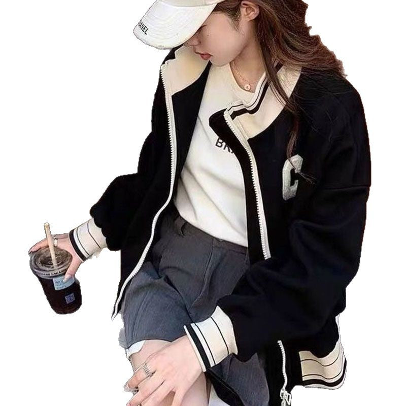 Autumn And Winter Letter Embroidered Stand Collar Cardigan Sweater For Women