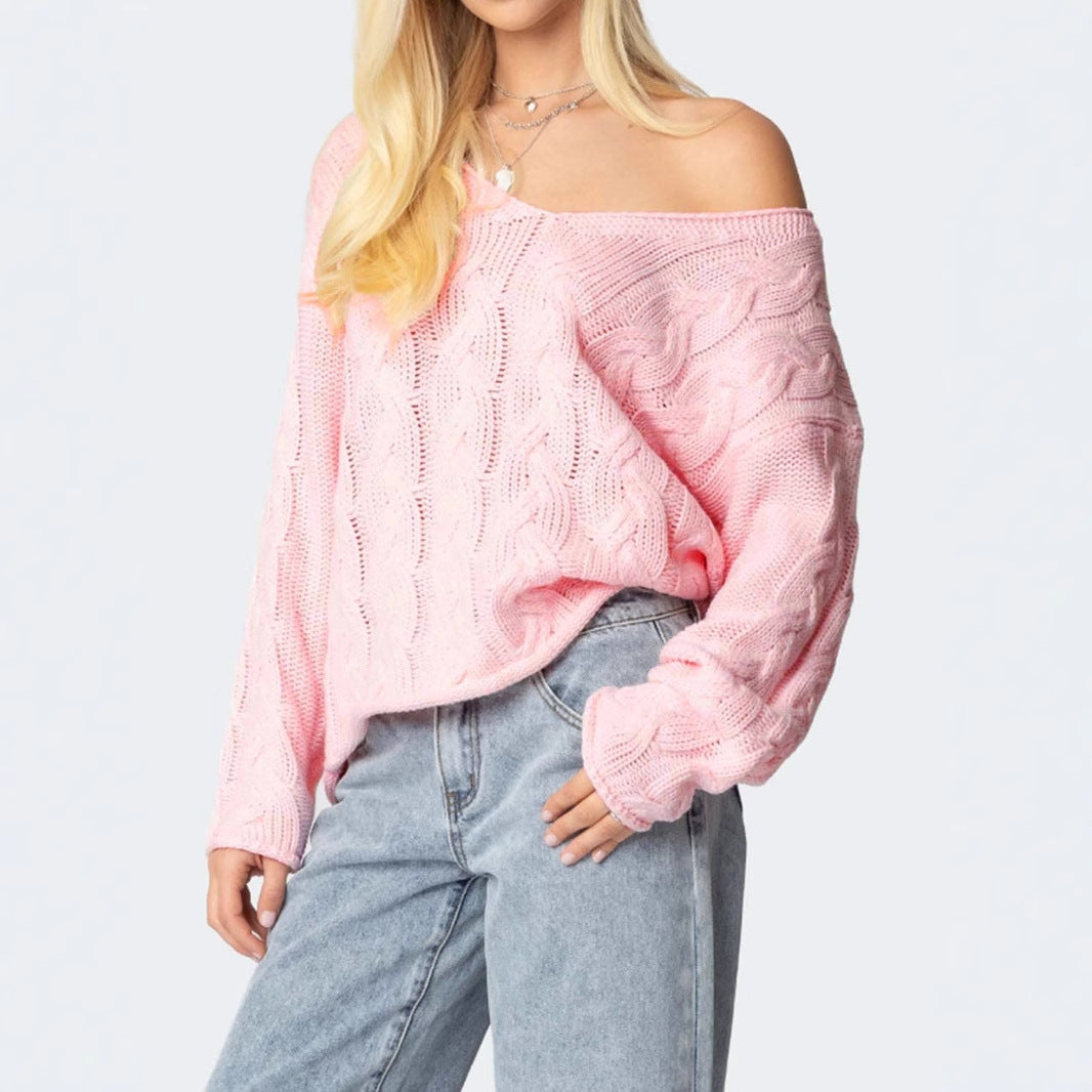 Women's V-neck Twist Knitted Pullover Sweater Blouse