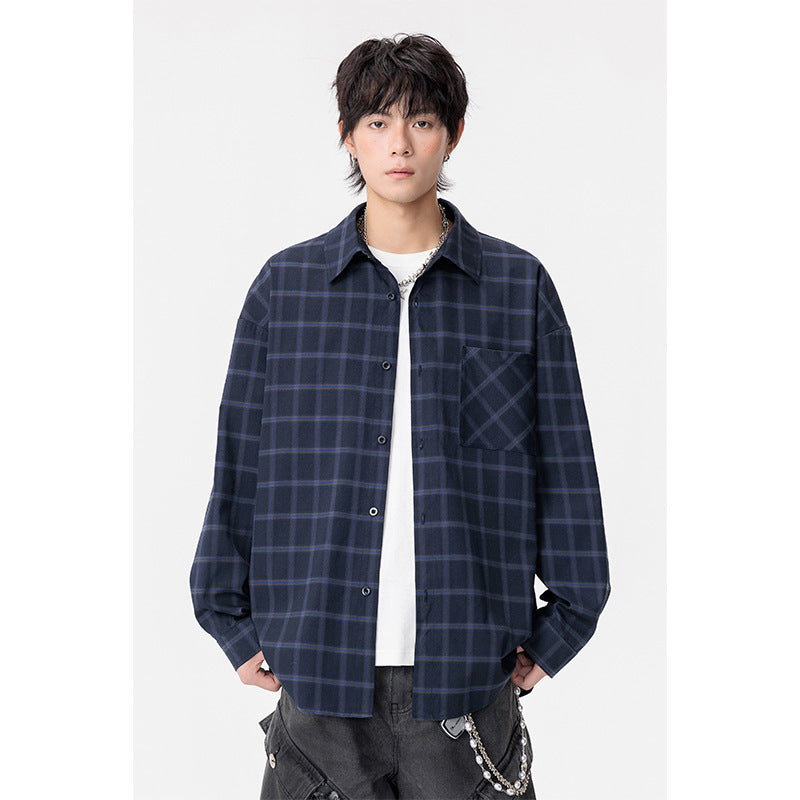 Autumn New Casual Large Size Long Sleeve Plaid Lapel Loose Shirt Coat