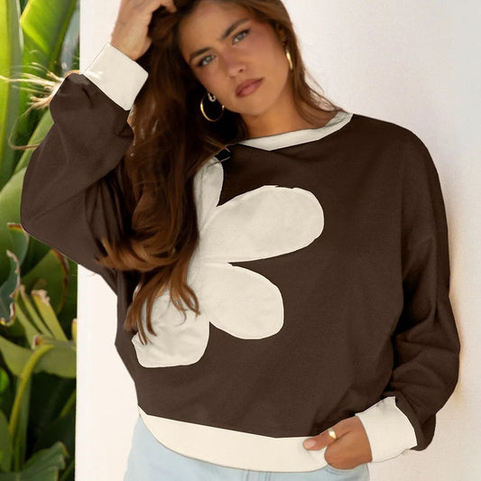 Coffee Raw Edge Flower Patch Drop Shoulder Casual Top