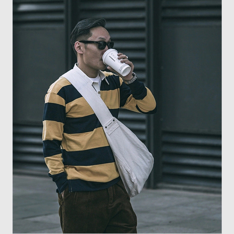 Men's Polo Collar Stripes T-shirt Retro Long Sleeve