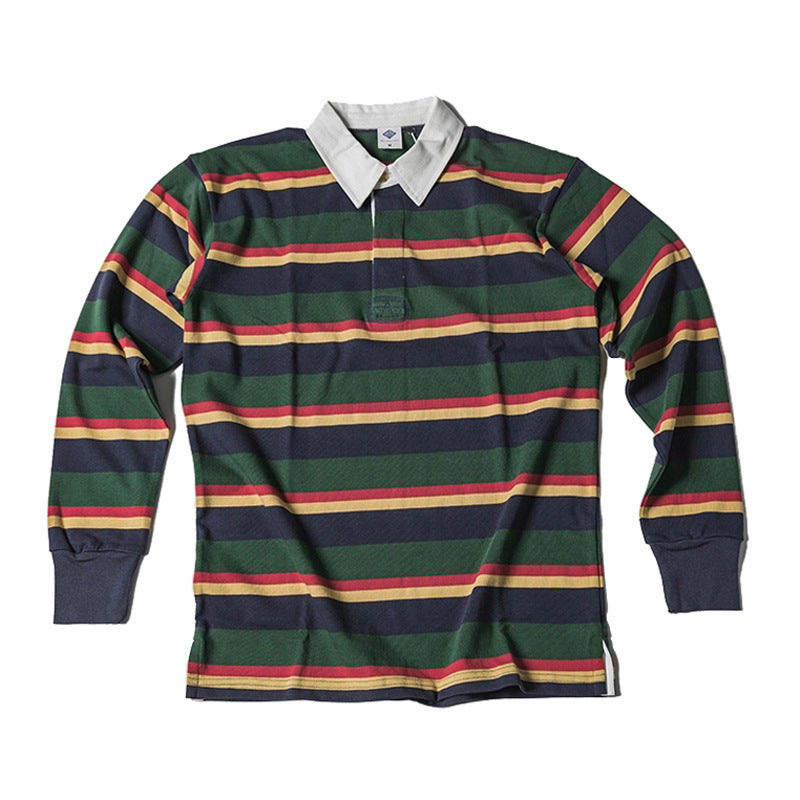 Men's Polo Collar Stripes T-shirt Retro Long Sleeve