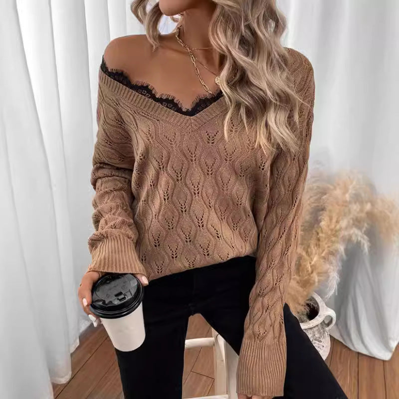 New Solid Color Pullover Long Sleeve Lace Edge Sweater For Women