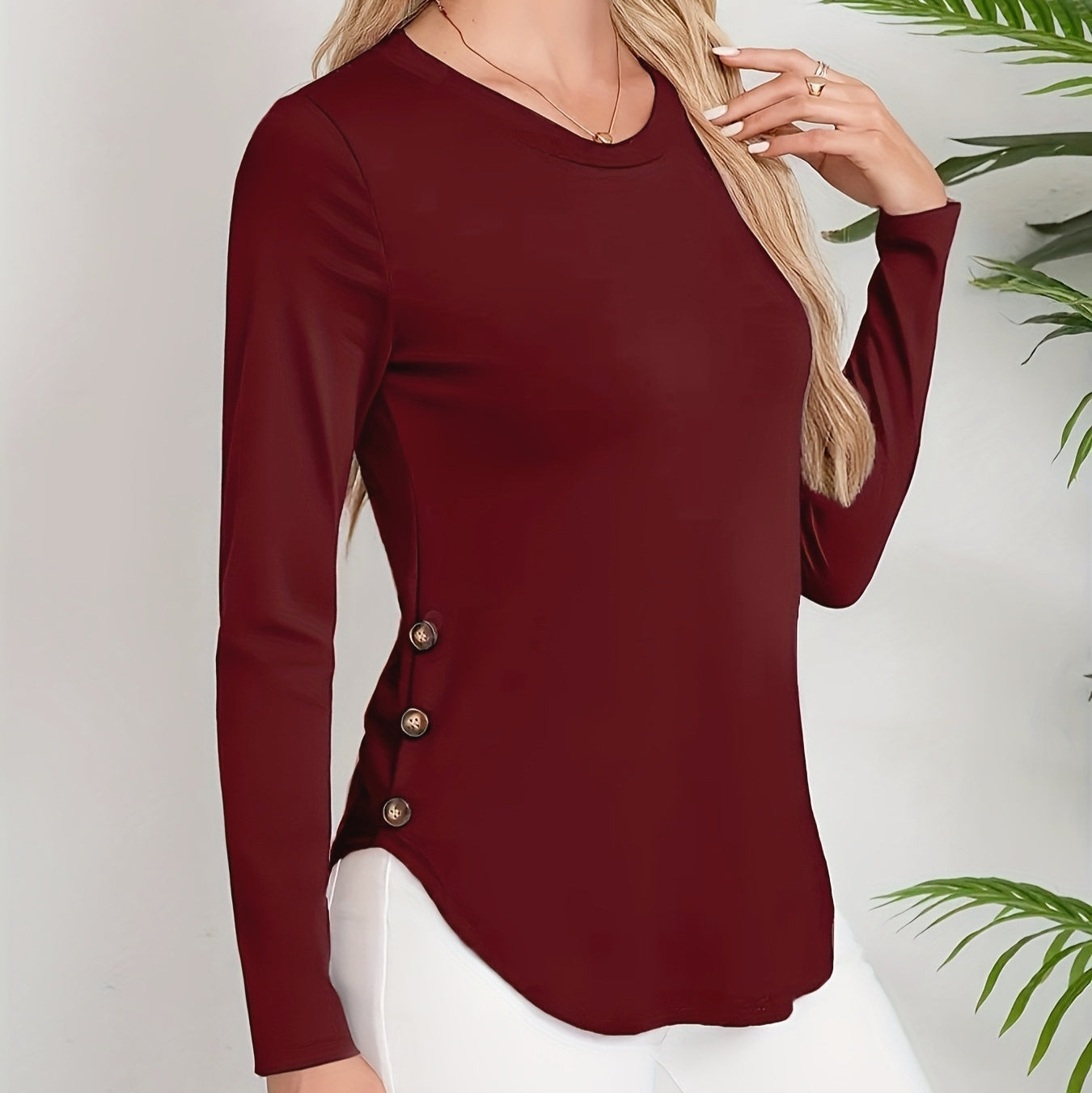 New Women's Autumn And Winter Round Neck Curved Hem Long Sleeve