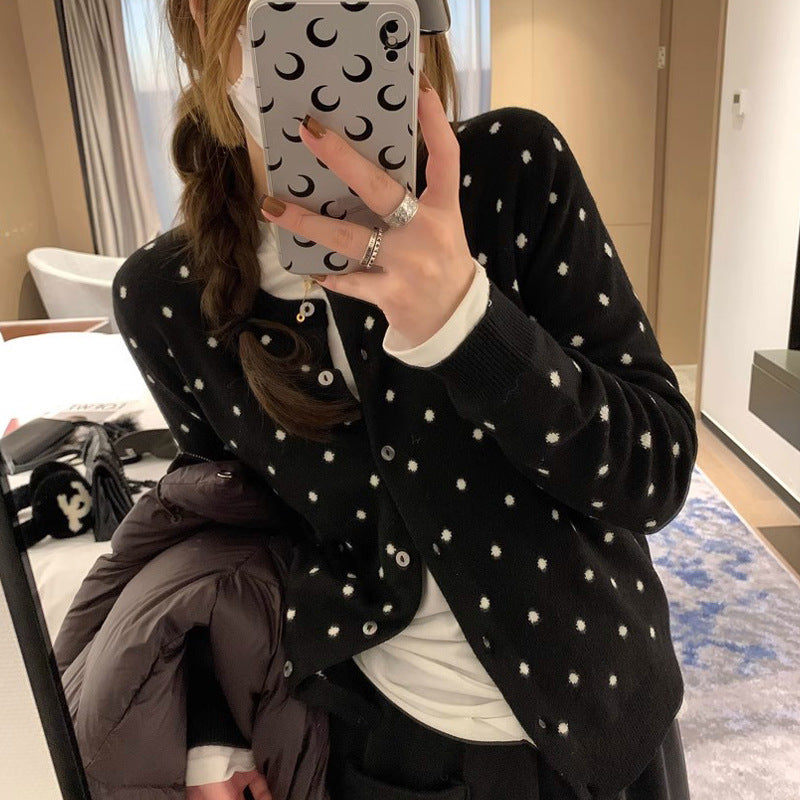 Women's Korean-style Gray Dot Knitted Cardigan Autumn Long-sleeved Top