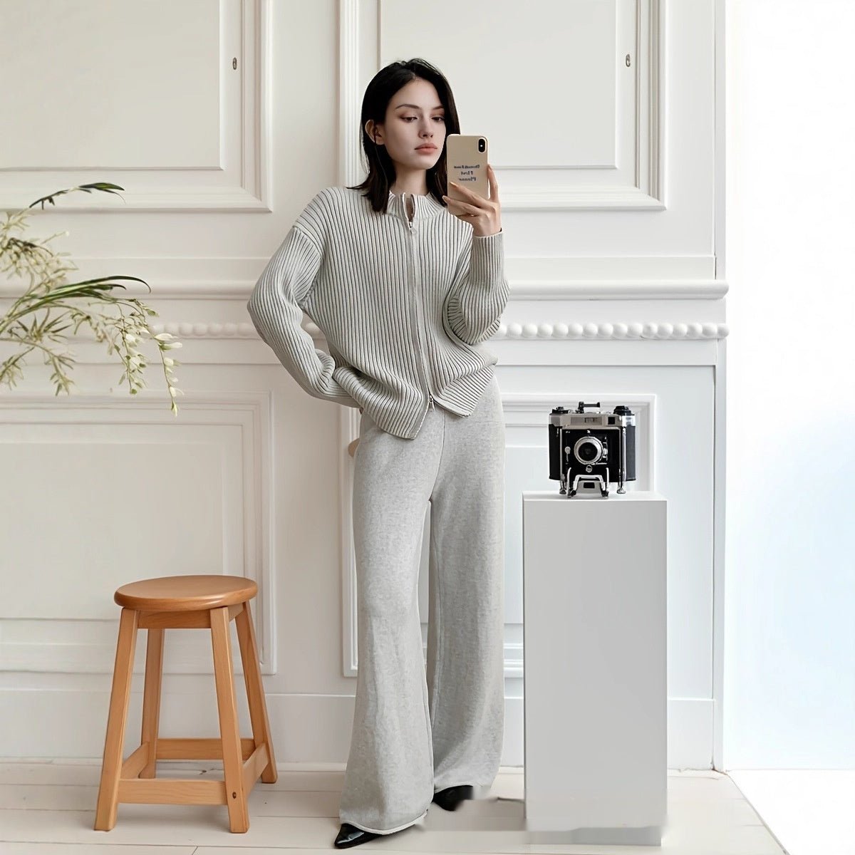 Small Stand Collar Vertical Sunken Stripe Zipper Knitted Cardigan Coat Trousers Two-piece Set