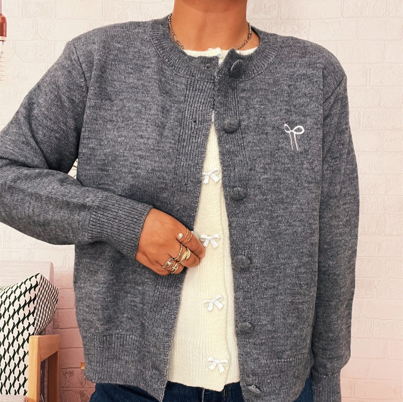 Two-piece Bow Embroidered Button Knitted Sweater Cardigan For Women