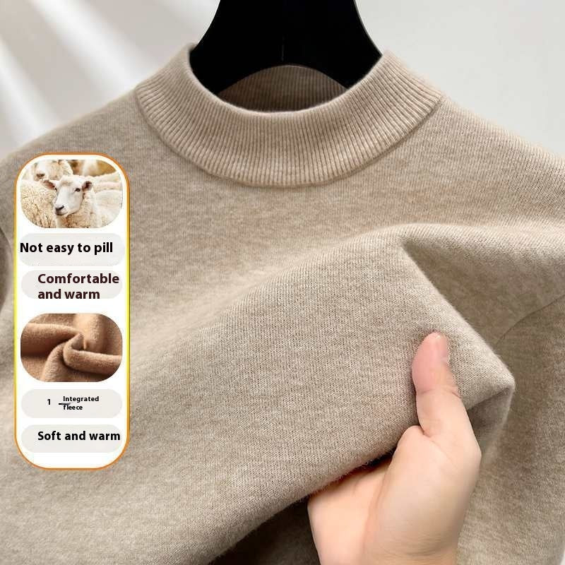 Containing Double Face Wool Leather Velvet Men's Half-high Collar Velvet Padded Sweater