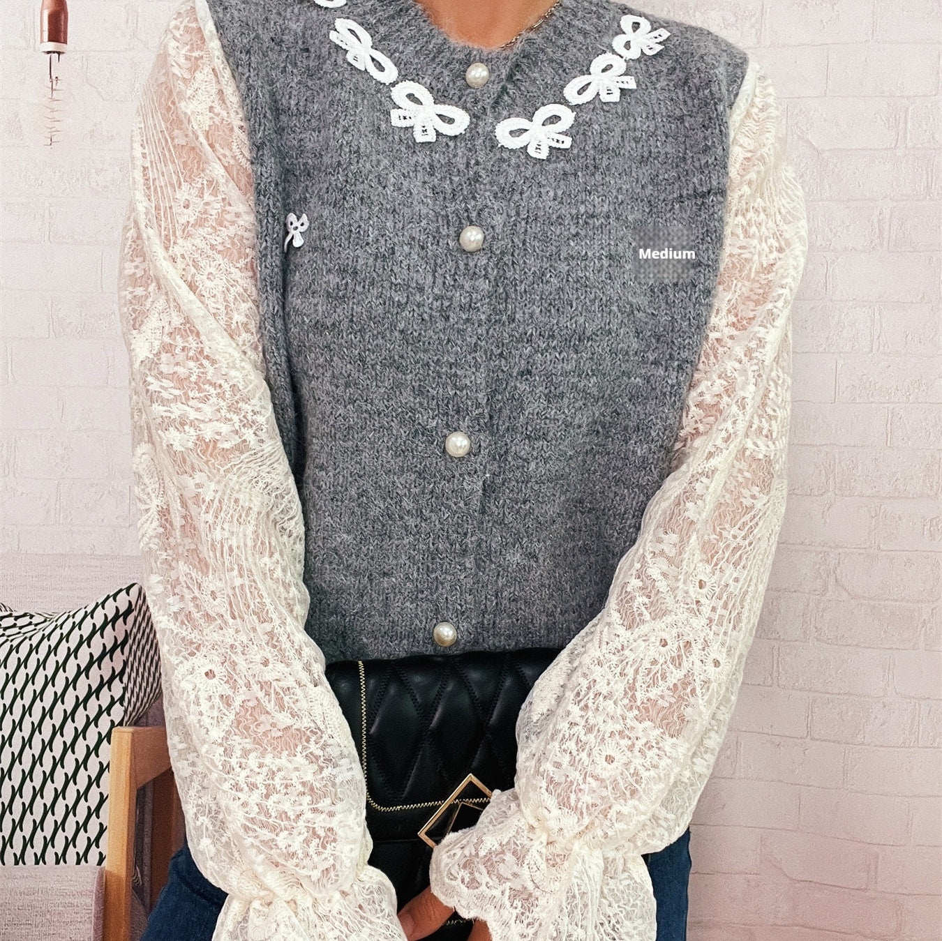 Commuter Lace Sleeves Stitching Bow Knitted Button Sweater Cardigan