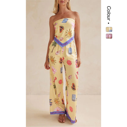 Fashion Positioning Printed Tube Top Wide Leg Pants Suit