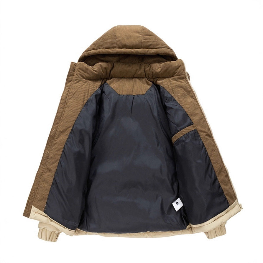 Men's Cotton Padded Clothing Corduroy Detachable Hat Coat