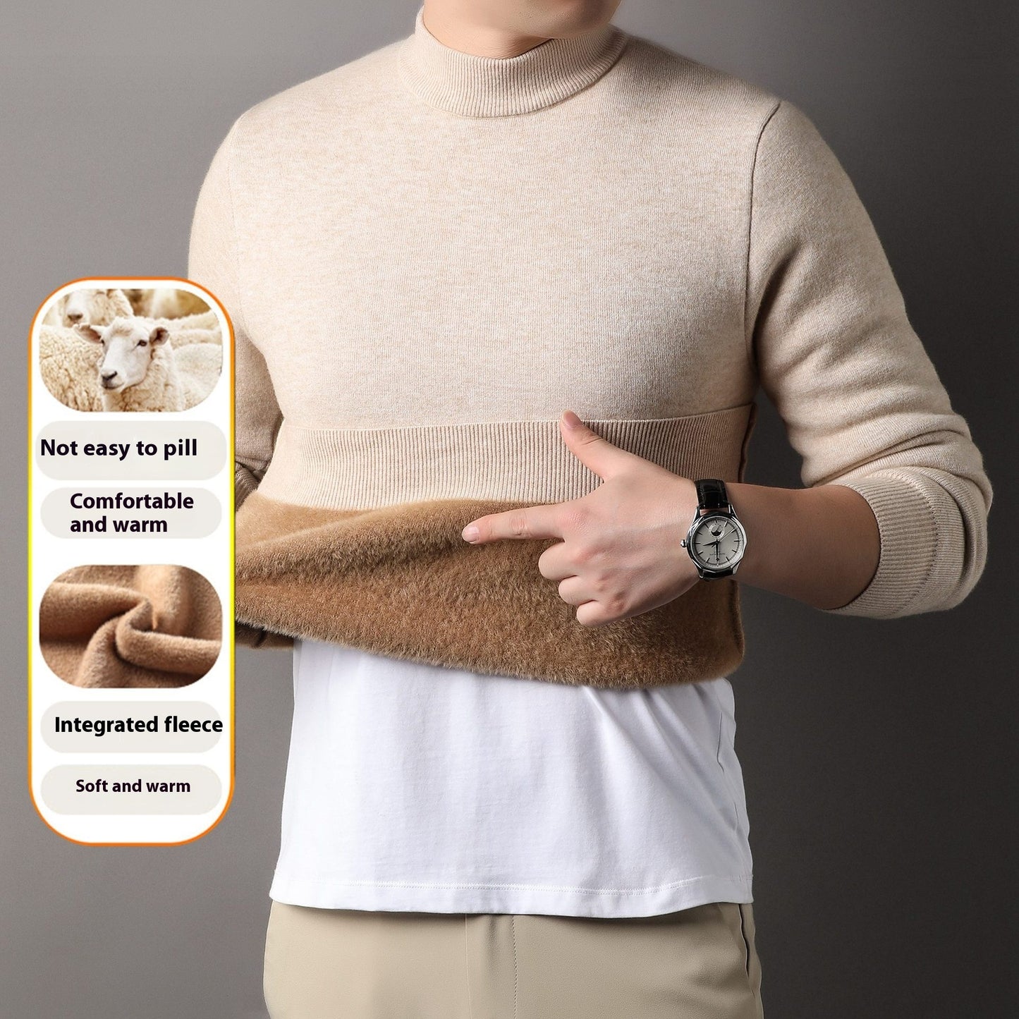 Containing Double Face Wool Leather Velvet Men's Half-high Collar Velvet Padded Sweater