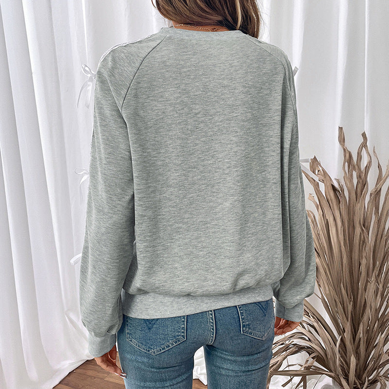 Lace Stitching Gray Long Sleeves Autumn Sweater