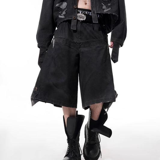 Double Waist Loose Cropped Pants Men's Washed Stitching Middle Pants