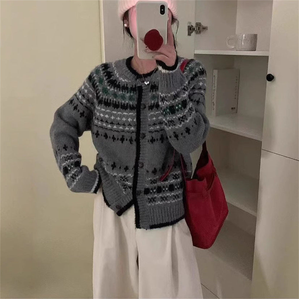 Female Versatile Ethnic Jacquard Knitted Cardigan Top