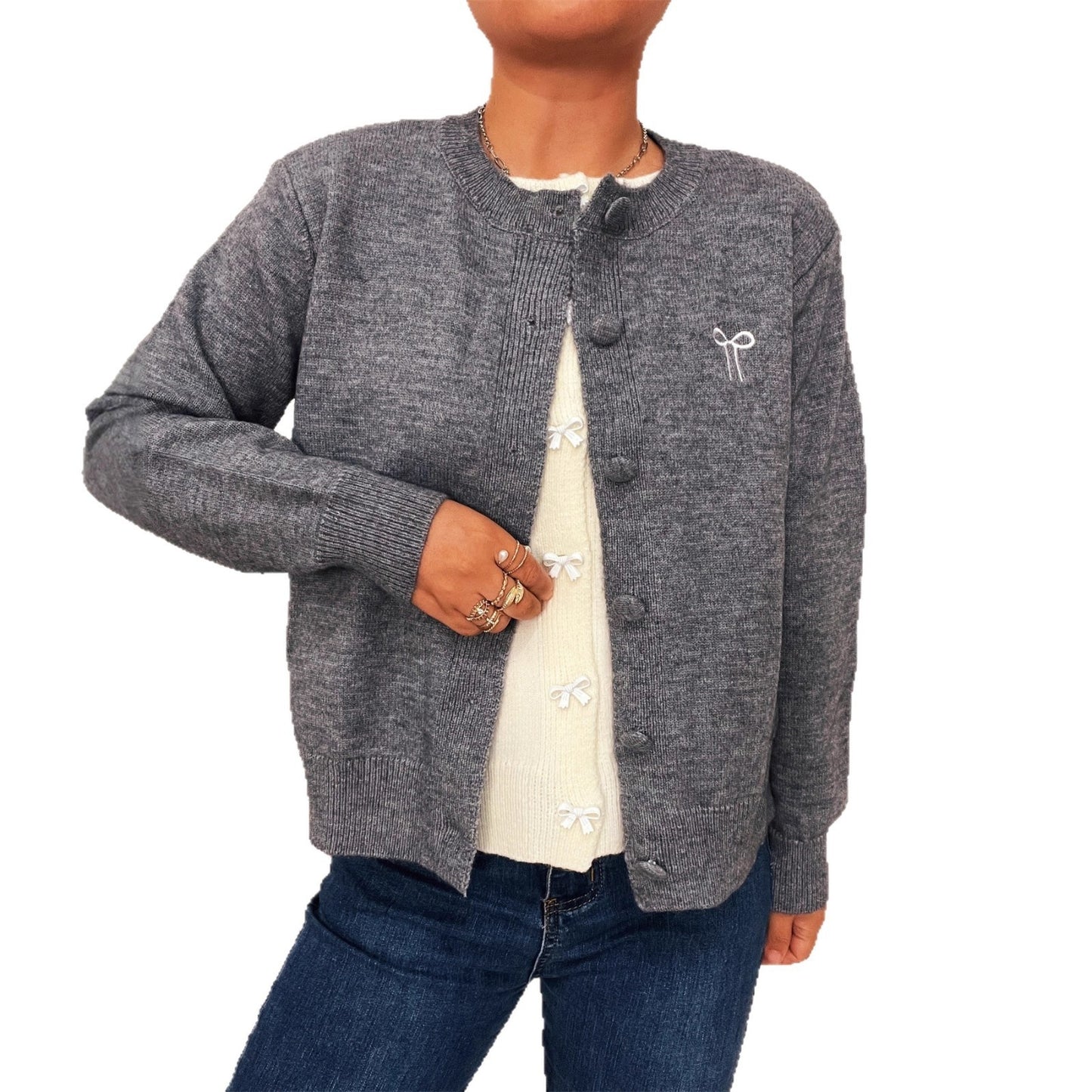 Two-piece Bow Embroidered Button Knitted Sweater Cardigan For Women