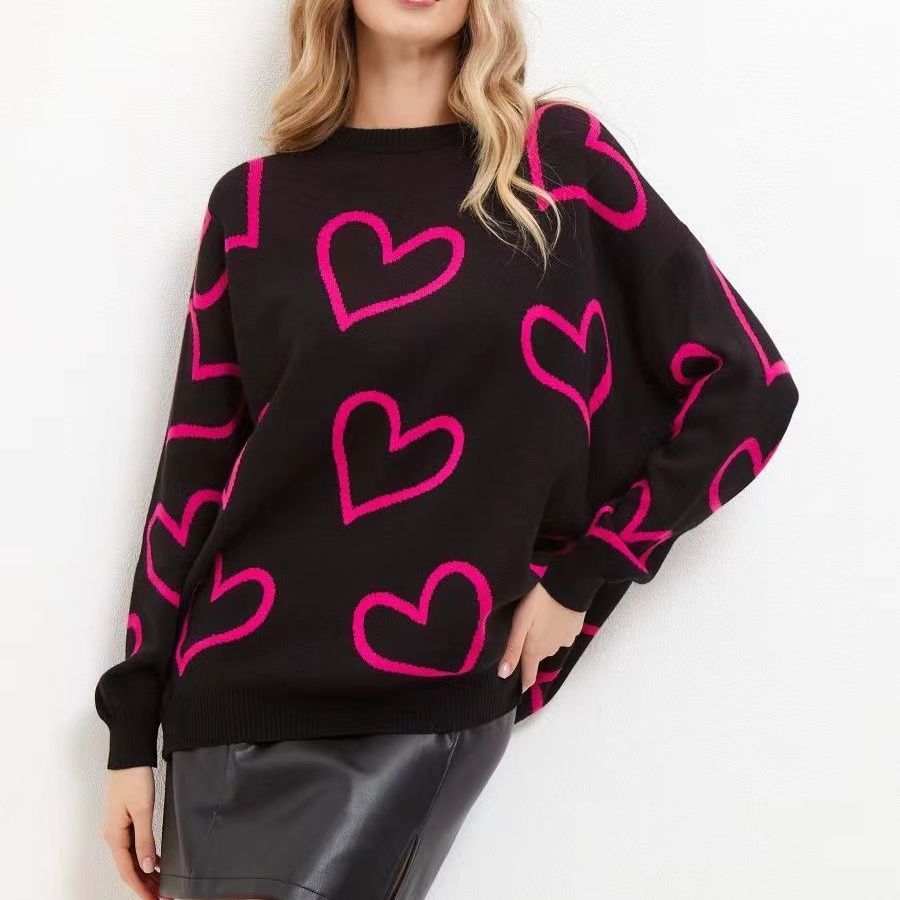 Round Neck Love Contrast Color Loose Pullover Sweater