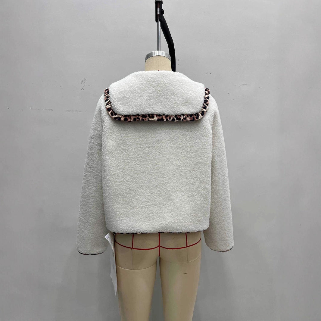 Leopard Splicing Doll Collar Lamb Plush Coat Women