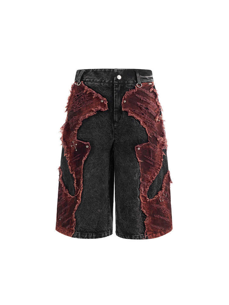 Distressed Brushed Stitching Denim Cropped Pants