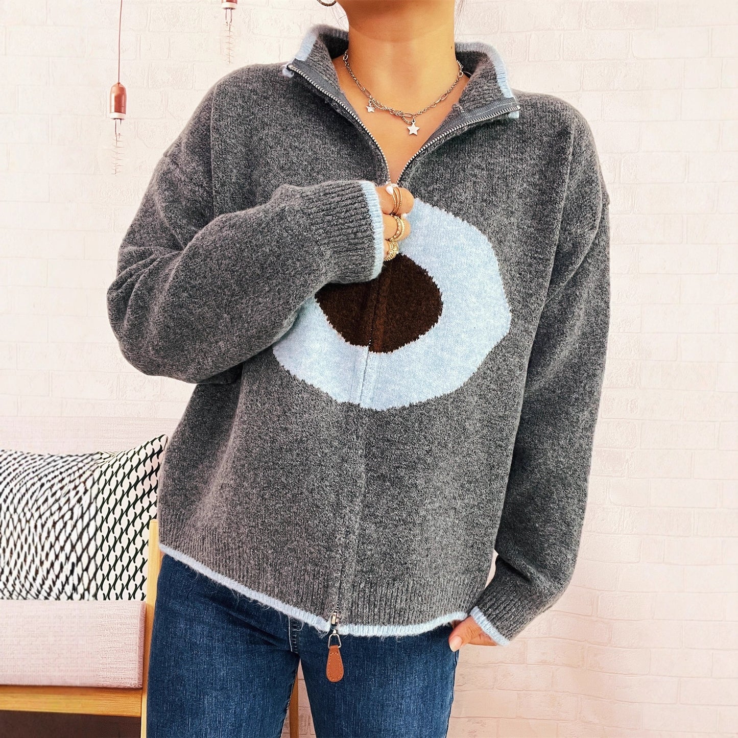 Casual Ring Jacquard Knitted Coat Round Neck Long Sleeve Zipper