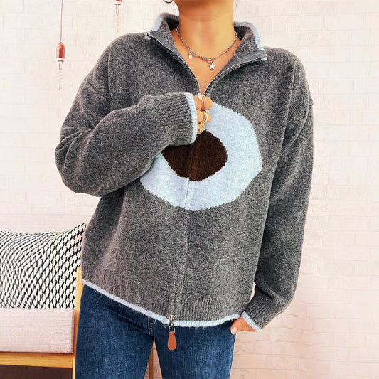 Casual Ring Jacquard Knitted Coat Round Neck Long Sleeve Zipper