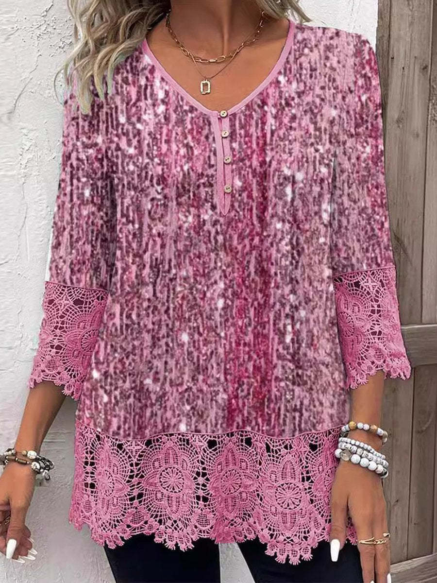 V-neck Buttons Solid Color Top T-shirt Women's Fashion