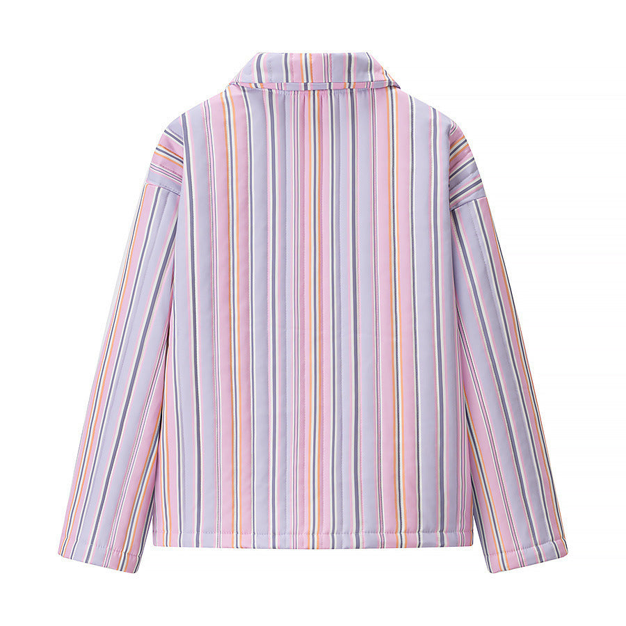 Women's Long-sleeved Polo Collar Stripes Cotton-padded Coat