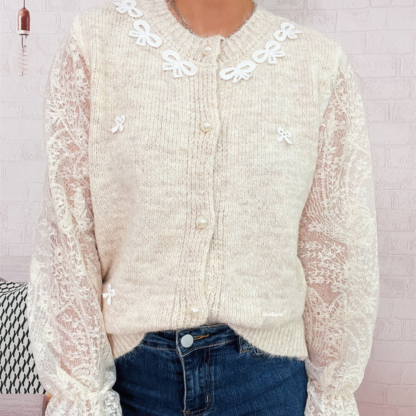 Commuter Lace Sleeves Stitching Bow Knitted Button Sweater Cardigan